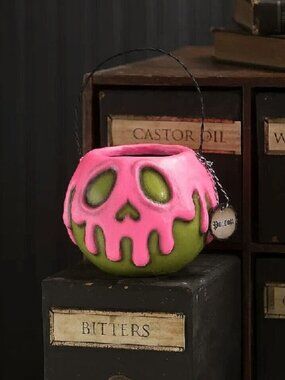 Bethany Lowe Happy Halloween Small Green Apple bucket w/ Pink Poison drip LA1394